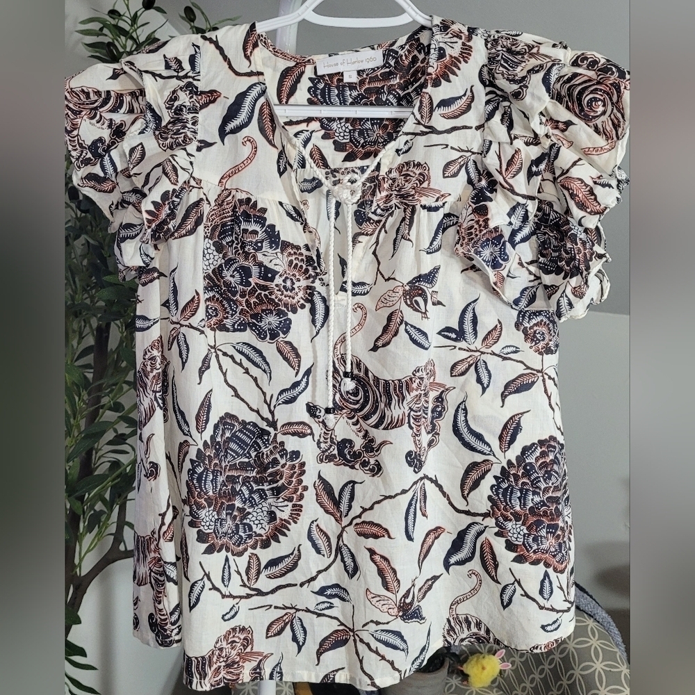 House of Harlow 1960 Abstract Floral Print Ruffle Cap Sleeve Top Small